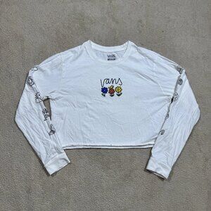 VANS Shirt Womens Medium White Long Sleeve Crew Neck Cropped Flower Graphic Tee